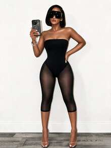 BamGleam Black Strapless Lace Sheer Mesh Jacquard Fitted Slimming Mid-Length Bodysuit For Women - Black - View 3