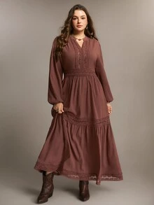 Freevana Gaun Panjang Vintage Wanita Ukuran Besar, Musim Gugur/Dingin - Coffee Brown - View 3