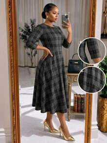 SHEIN Lady CURVE 大尺碼女款格紋圓領休閒派對洋裝 - 彩色 - 查看 3
