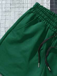 Manfinity Homme Men's Letter Print Drawstring Waist Pocket Shorts - Dark Green - View 5