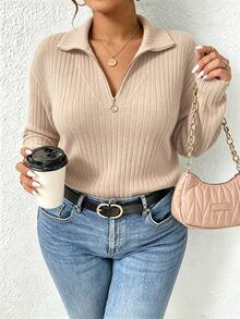 INAWLY Women's Plus Size New French Style Zipper Front Dropped Shoulder Textured Fabric T-Shirt, Winter Casual Spring Top - Apricot - View 1