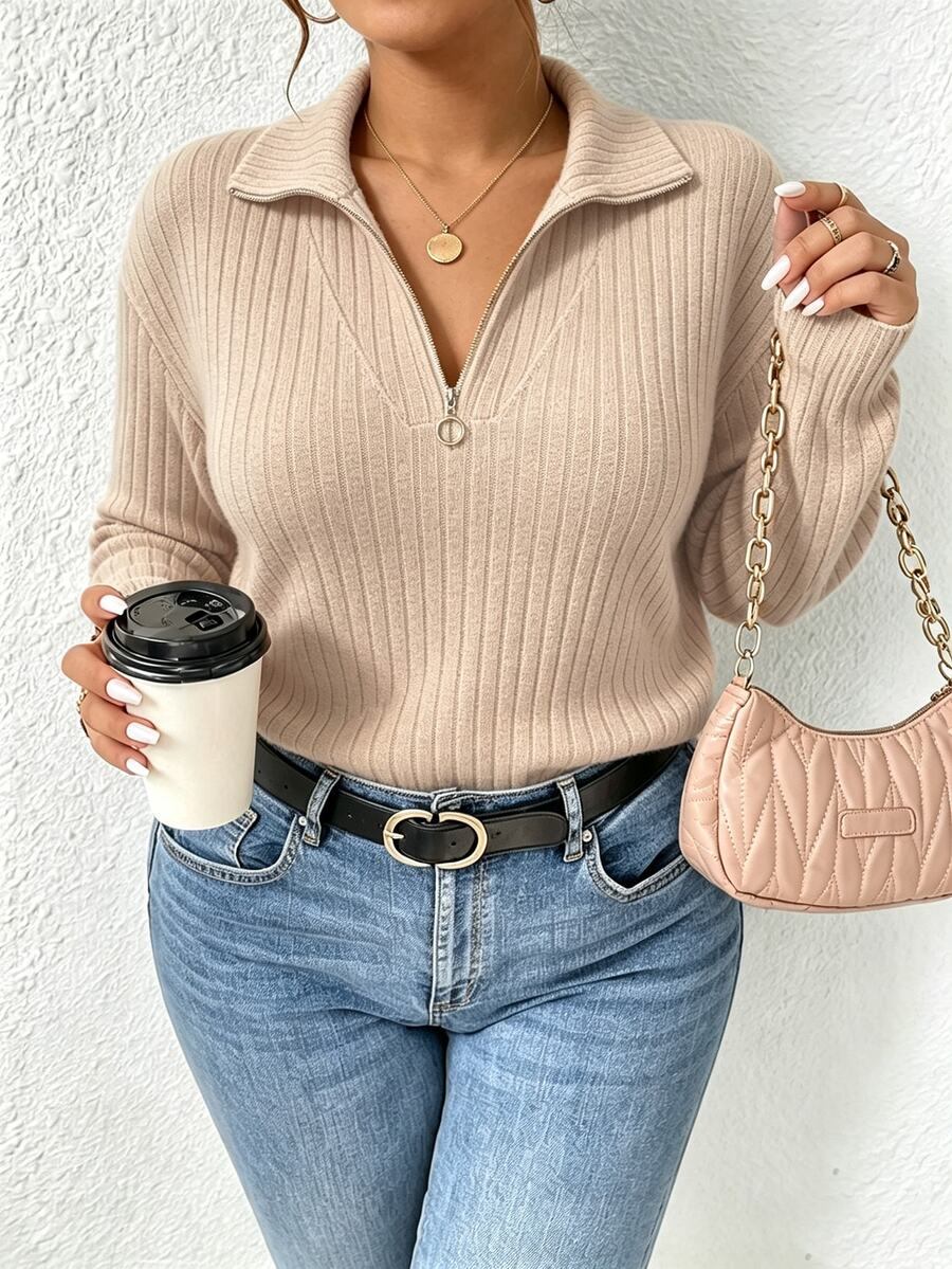 INAWLY Women's Plus Size New French Style Zipper Front Dropped Shoulder Textured Fabric T-Shirt, Winter Casual Spring Top - Apricot - View 1