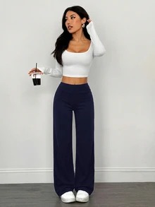 SHEIN PETITE 2pcs Women's Casual Minimalist High Waist Folded Wide Leg Straight Long Pants Suitable For Summer - Multicolor - View 6