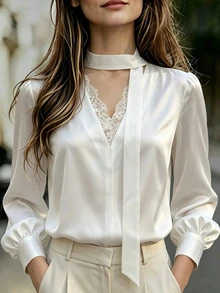 Cévolie Women's Solid Color Choker V-Neck Contrast Lace Long Sleeve Elegant Blouse Office Off White Fall - White - View 3
