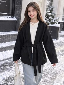 SHEIN 少女黑色V領繫帶中長款厚羊毛披風大衣（法式風），百搭單品，適合休閒街頭穿搭與各種場合，開學季、萬聖節、聖誕節必備，秋冬必穿造型 - 米色 - 查看 6