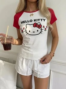 CovetEZ HELLO KITTY AND FRIENDS | SHEIN 女款卡通印花拼色短袖T恤 街頭度假風 - 白色 - 查看 3