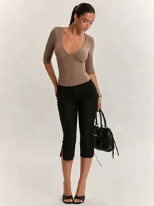 SHEIN BAE 女款柔軟舒適羊絨長袖上衣，適合日常外出、返校、通勤與辦公穿著 - 卡其色 - 查看 3