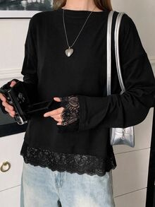 SHEIN Sparklyn 青少年女孩休閒長袖T恤 寬鬆版型 蕾絲拼接圓領落肩素色 - 黑色 - 查看 1