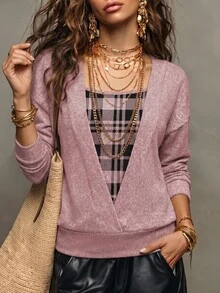 Balvessa Sweatshirt Kasual Wanita Motif Kotak-kotak Patchwork untuk Pemakaian Sehari-hari - Berwarna merah muda - View 4