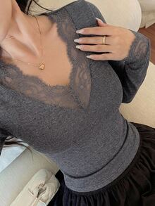 DAZY 春夏修身優雅蕾絲拼接情人節派對白色長袖女款T恤 - 深灰色 - 查看 1