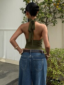 Muchica 巧克力棕色針織高領上衣女款，夏季上衣 - 軍綠色 - 查看 2