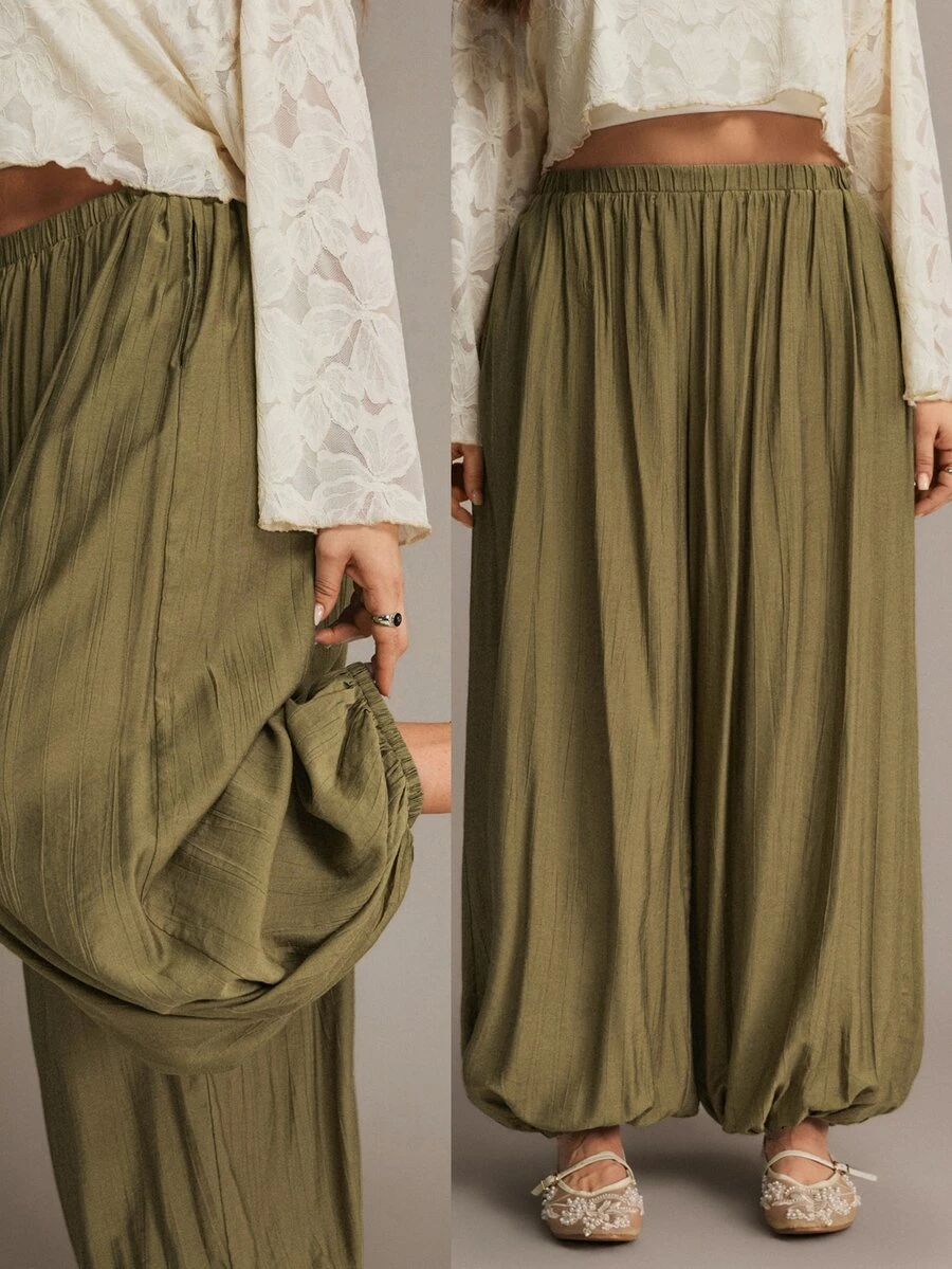 Freevana Plus Size Women's Vintage Elegant Olive Green Loose Flare Pants - Olive Green - View 1