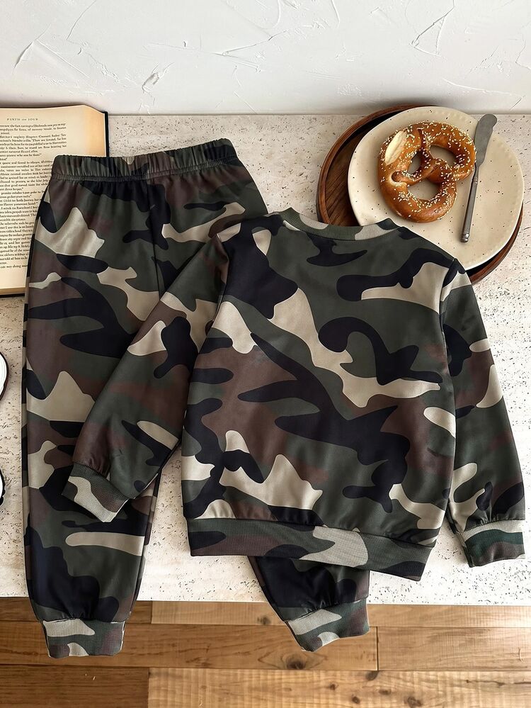 Tween Boy Casual Minimalist Loose Comfortable Long Sleeve Crew Neck Sweatshirt 2 Pieces Set, Suitable For Autumn/Winter, Classic Handsome Retro Camouflage Pattern Print, Classic Popular City Name Los Angeles Text Pattern Print - Multicolor - View 5