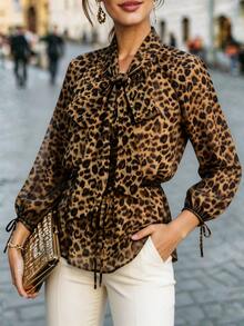 Velvienne Plus Size Women's Leopard Print Casual Versatile Daily Wear Shirt Fall - Coffee Brown - View 5