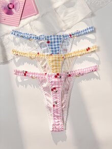 PetitDoll مجموعة 3 قطع من سراويل داخلية نسائية بتصميم فيونكة وطبعة كرز مربعات - متعدد الألوان - مشاهدة 2