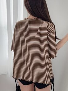 DAZY 女款條紋圓領落肩寬鬆休閒T恤 - 棕色 - 查看 3