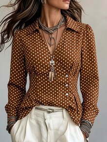 SHEIN PariChic Women's Polka Dot Casual Versatile Daily Wear Blouse - Brown - View 3