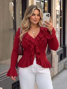 Vionelle Plus Size Autumn/Winter Thermal Lined Ribbed Texture Double Layer Ruffle Collar Long Sleeve Ruffle Cuff Women's T-Shirt Going Out Evening Red Elegant - Red - View 1
