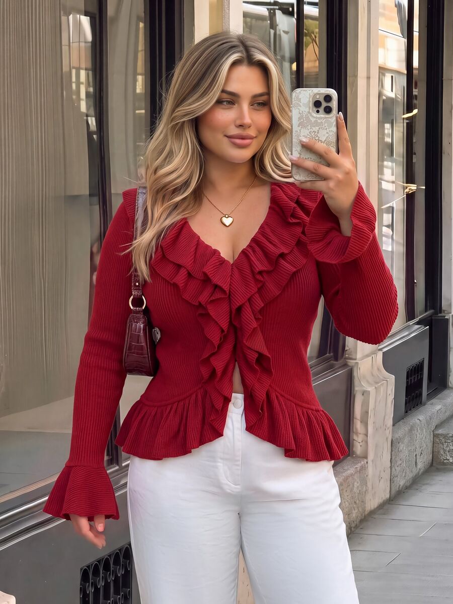 Vionelle Plus Size Autumn/Winter Thermal Lined Ribbed Texture Double Layer Ruffle Collar Long Sleeve Ruffle Cuff Women's T-Shirt Going Out Evening Red Elegant - Red - View 1