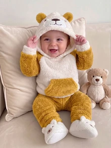 SHEIN Playful Pals 2pcs Baby Toddler Boy Hooded Jacket Pants Cute Sweet Yellow White Fuzzy Bear Ears Pocket Long Sleeve Hooded Thick Birthday Winter Fall Set - Yellow - View 1