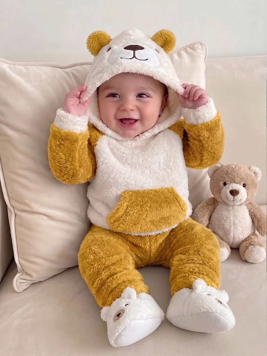 SHEIN Playful Pals 2pcs Baby Toddler Boy Hooded Jacket Pants Cute Sweet Yellow White Fuzzy Bear Ears Pocket Long Sleeve Hooded Thick Birthday Winter Fall Set - Yellow - View 1