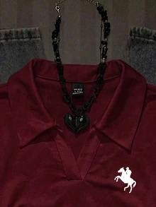 Attitoon Women's Casual Fashion Equestrian Print Collared Long Sleeve T-Shirt With Horse Racing Graphic - Burgundy - View 3