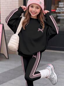 黑色與粉色復古時尚對比色運動條紋，女孩粉色迷你蝴蝶結圖案印花，女款/女孩休閒百搭抓絨圓領長袖衛衣與內搭褲2件套，新風格適合秋冬日常、外出、校園、運動、隨性時尚，美式街頭風女孩，甜酷休閒時尚 - 白色 - 查看 2