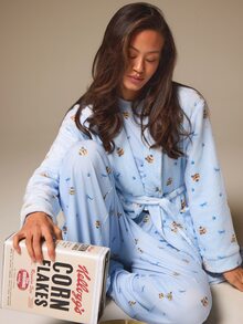 Athîral Women's Soft Flannel Dessert Print Long Sleeve Light Blue Casual Cute Home Sleepwear Robe For Autumn,Home, Sleep, Christmas ,Lounge - Blue - View 5