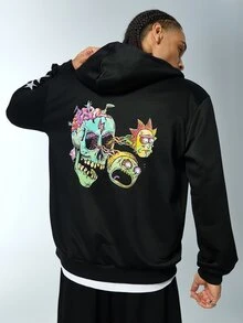 Rick and Morty X SHEIN Men's Letter Pattern Zip-Up Hoodie And Sweatpants Casual Daily Set - Black - View 4