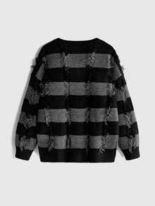 ROMWE Goth Women Distressed Checkered Fringe V-Neck Button Front Knit Cardigan, Drop Shoulder Grunge Sweater - Black - View 2