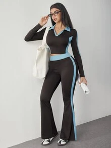 SHEIN Dewbera Contrast Color Lapel Short Long Sleeve Top & Side Stripe Flare Sports Pants 2 Pieces Set - Multicolor - View 4