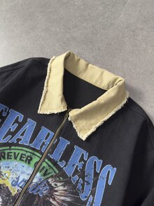 ROMWE MEN Men's Letter & Eagle Graphic Long Sleeve Zip-Up Frayed Hem Denim Jacket - Black - View 4