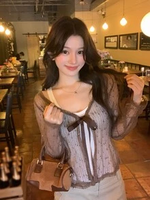 DAZY Women's Deep V-Neck Textured Fabric Casual Cardigan - Brown - View 6