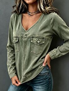 Trelyra Women's Denim Effect Print V-Neck Long Sleeve Casual Shirt - Green - View 4