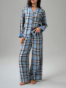 DAZY Women's Plaid Long Sleeve Top And Pants Casual Daily Home Pajama Set - Blue - View 8