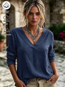 Weeklong Plus Size Cotton V Neck Long Sleeve Blouse With Side Button Decor Casual Shirt - Navy Blue - View 5