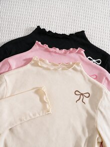 Tween Girl 3pcs Casual All-Match Versatile Solid Color Ribbed Lettuce Trim Mock Neck Tee - Multicolor - View 3