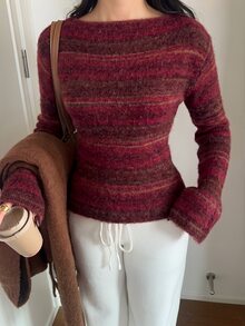 Aloruh Women's Striped Casual Versatile Daily Long Sleeve Sweater - Burgundy - View 3