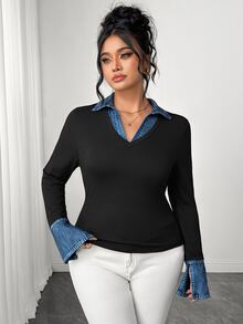 Elenzga بلوزة نسائية مقاس كبير للربيع/الخريف من الدنيم بتصميم مرقع 2 في 1 بياقة على شكل حرف V وأكمام طويلة ضيقة وأكمام جرسية أنيقة - متعدد الألوان - مشاهدة 3