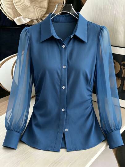 GlowEve Women's Autumn New Elegant Commuter Waist-Cinching Pleated Long Sleeve Blouse