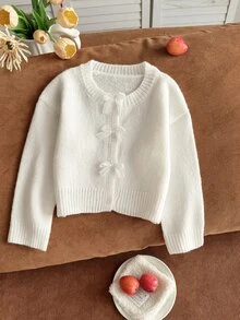 SHEIN 女童秋冬時尚手工蝴蝶結針織長袖開襟毛衣 - 白色 - 查看 7