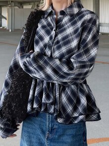 FRIFUL Women's Plaid Casual Versatile Everyday Outing Shirt - Black and White - View 2