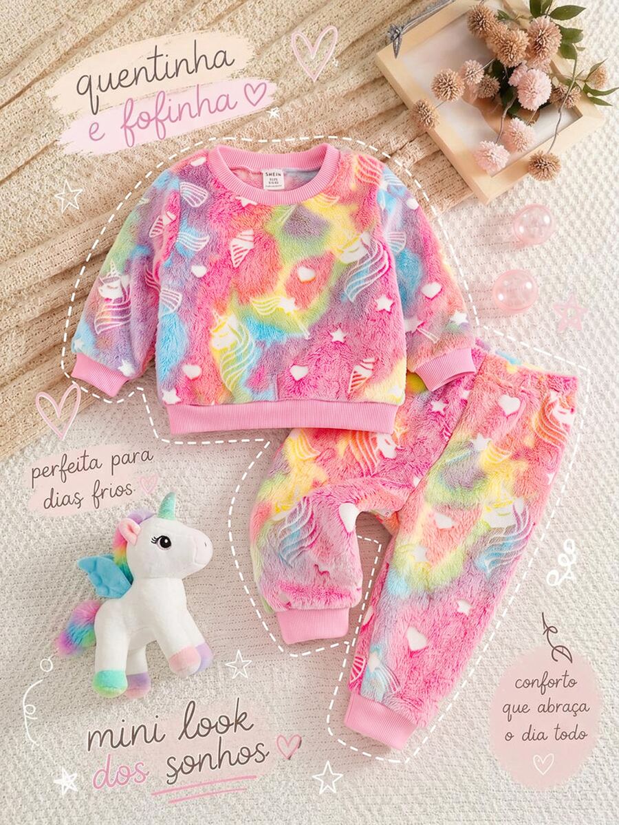 SHEIN 秋冬女嬰可愛毛茸茸彩色居家服套裝 - 粉色 - 查看 1