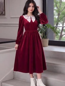 SHEIN 青少年女孩秋冬休閒度假優雅時尚天鵝絨純色彼得潘領泡泡袖A字洋裝，聖誕節 - 紅色 - 查看 3