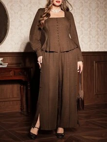 Auvina Plus Size Women Solid Color Button Design Long Sleeve Shirt And Wide Leg Pants Elegant 2 Pieces Set - Coffee Brown - View 6