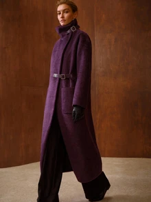 MOTF PREMIUM WOMEN'S AUTUMN/WINTER WOOL BLEND FUNNEL NECK MID-LENGTH OVERCOAT - Purple - View 6