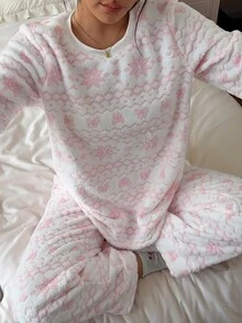 Napfluff Women's Plush Fair Isle Snowflake Bow Cute Pullover Long Sleeve Pants Pajama Set - Pink - View 5