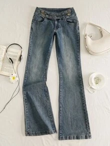 SHEIN Tall بنطلون جينز طويل بخصر منخفض بأسلوب قوطي عصري مع أزرار مغسول بقصة ضيقة وفتحة واسعة - أزرق داكن - مشاهدة 3