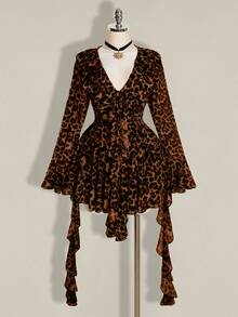 SHEIN ICON Women's Plus Size Leopard Print Ruffle Hem Dress - Brown - View 6