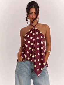 SHEIN BAE Women's Polka Dot Asymmetric Hem Fashion Halter Tank Top - Burgundy - View 5